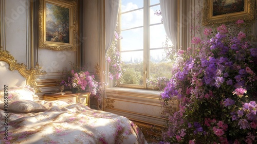 A sunlit bedroom with a floral patterned bedspread and flowers in a vase, as well as a climbing vine overflowing through the window. photo