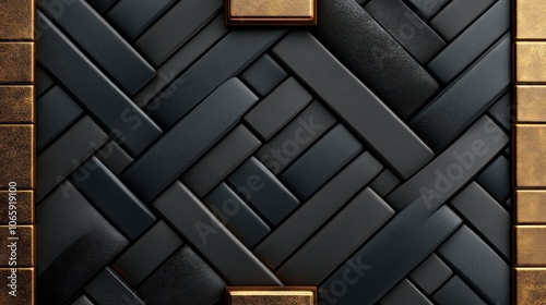 Abstract black and gold geometric pattern with a woven texture.