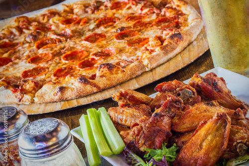 pepperoni pizza, crispy fried chicken wings and a pint of beer