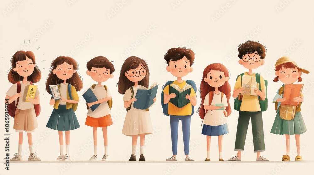 A group of diverse, cartoonish school children stands together, showcasing various school-related items like books and backpacks. A group of diverse, cartoonish school children stands together, showcasing various school-related items like books and backpacks.
