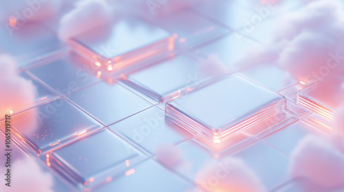Coloured clean glass panels coming together and connecting