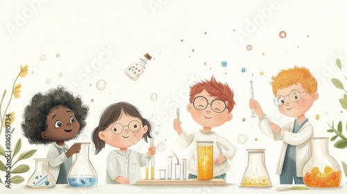 A whimsical illustration of children engaged in fun science experiments, showcasing diversity, curiosity, and creativity in a laboratory setting.