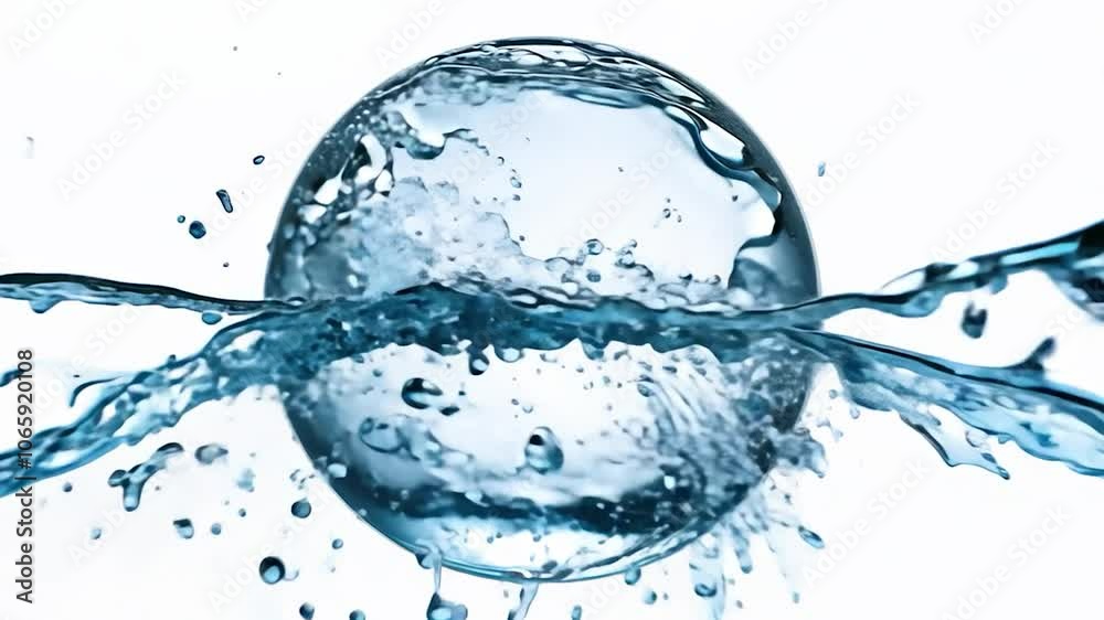 Water forms a perfect globe, rotating gracefully before bursting into a splash against a clean white background, showcasing the beauty and fluidity of liquid motion