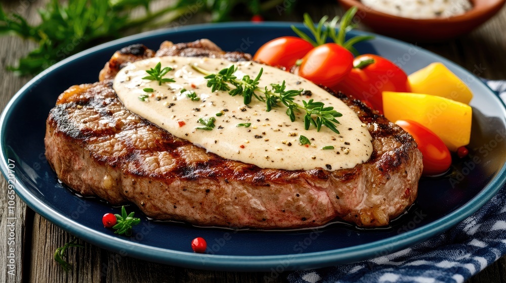 A hearty meal featuring a juicy steak topped with creamy paprika sauce, accompanied by roasted potatoes and a fresh salad on a rustic table A hearty meal featuring a juicy steak topped with creamy paprika sauce, accompanied by roasted potatoes and a fresh salad on a rustic table