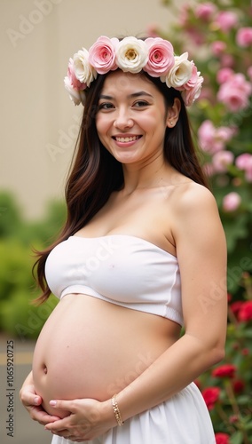 Pregnant woman with flower crown and garden backdrop for sublimated apparel and prints t-shirts mugs pillows tumblers photo