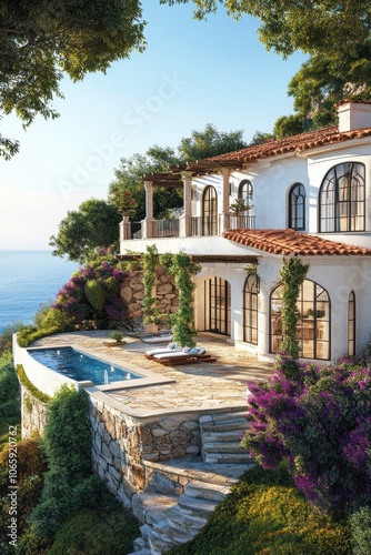 A large house with a pool and a balcony overlooking the ocean. The house is white and has a red roof