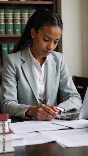 An African-American female lawyer studies legal cases within her law firm preparing to defend clients in court battles photo