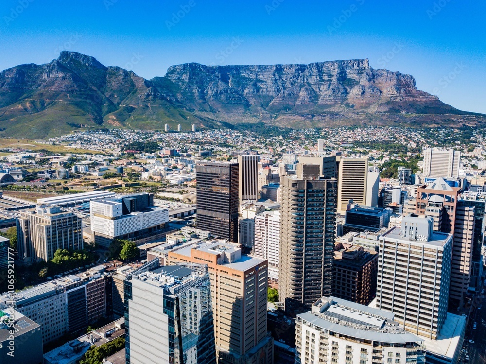 Fototapeta premium Cape Town - aerial view of the city center with Table Mountain in the background