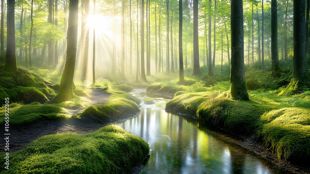 Obraz premium Sunrise in the pine forest. Sunrise in the forest. Beautiful summer landscape.