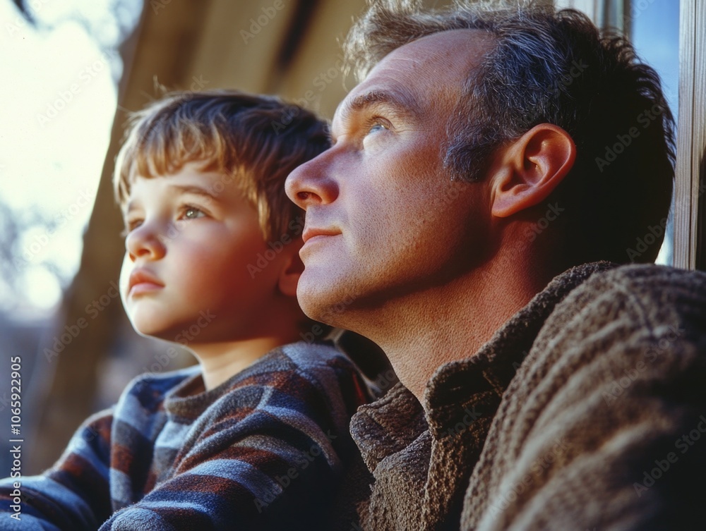 Fototapeta premium Man and Boy Looking Out Window