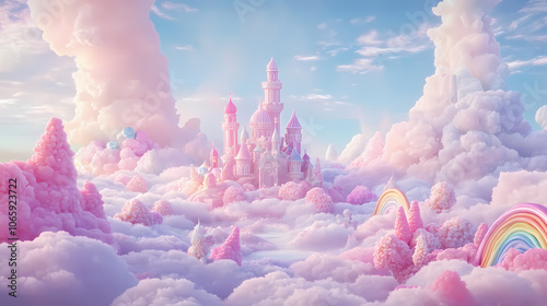 Candy-colored dreamscape featuring a floating castle in the clouds, surrounded by pastel rainbows and colorful candy-like flora, with the sky painted in soft pinks and blues. Dreamscape. Illustration photo