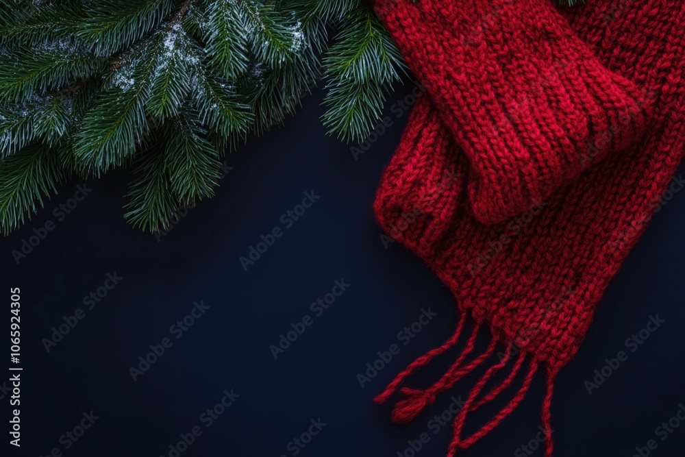 Fototapeta premium Red knitted scarf placed next to snowy evergreen branches on a dark background, evoking a cozy winter or holiday atmosphere