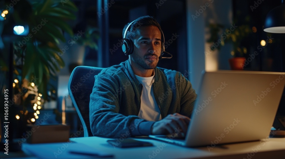 A man working late at night on a laptop, wearing headphones and sweater A man working late at night on a laptop, wearing headphones and sweater