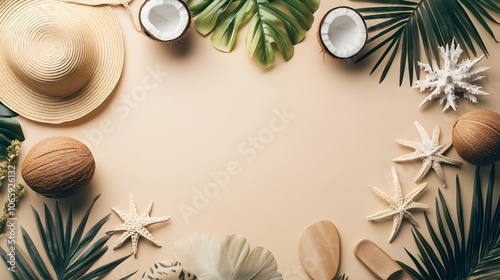 Tropical Summer Background with Coconuts, Starfish and Palm Leaves