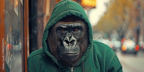 Man in gorilla mask on street, blending into urban environment photo