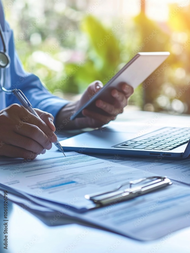 Obraz premium An image of a doctor or nurse working in an office setting with modern technology and healthcare documents. The workspace includes professional tools such as pen and glasses for reading.