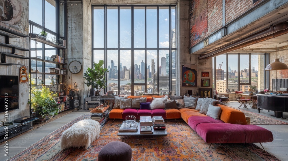 Eclectic industrial loft with city skyline view Eclectic industrial loft with city skyline view