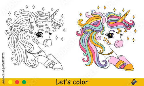 Kids coloring cute dreaming unicorn vector illustration