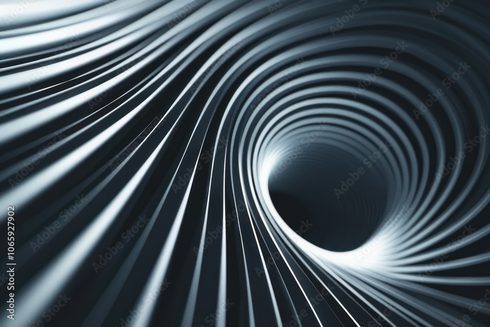 Obraz premium Black and white image showing a tunnel with intricate curved lines. The light creates an optical illusion, making it look like the tunnel is going into itself.