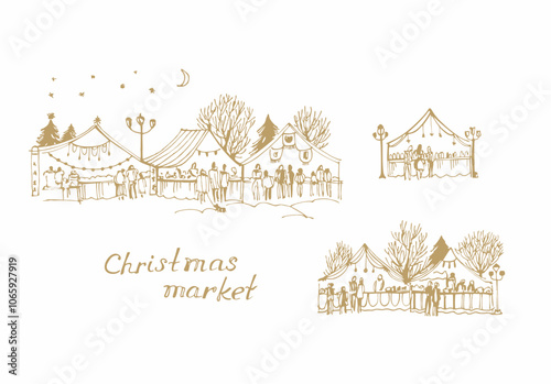 Christmas Market illustration, Christmas tree, visitors searching adornment, souvenirs, gifts -  on white background				