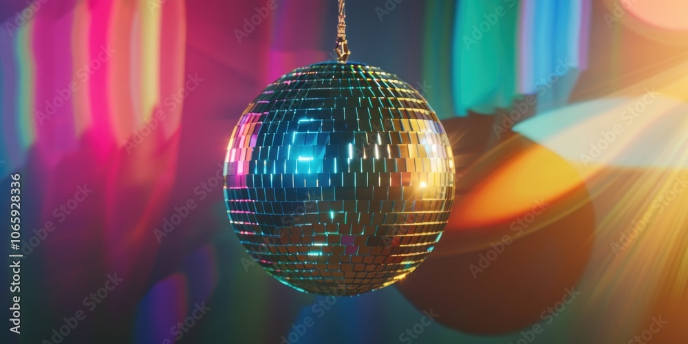 Fototapeta premium Vibrant disco ball with rainbow lights, creating a festive atmosphere for parties and events.
