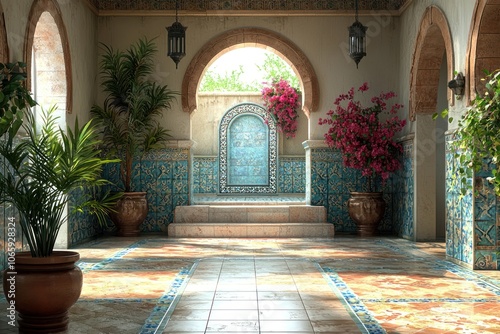 Ornate Courtyard with Arched Windows, Floral Accents, and Tiled Floors photo