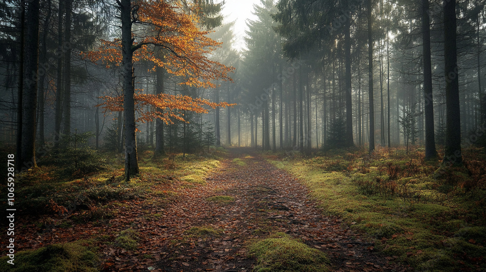 Obraz premium A serene forest path lined with autumn leaves in the early morning light