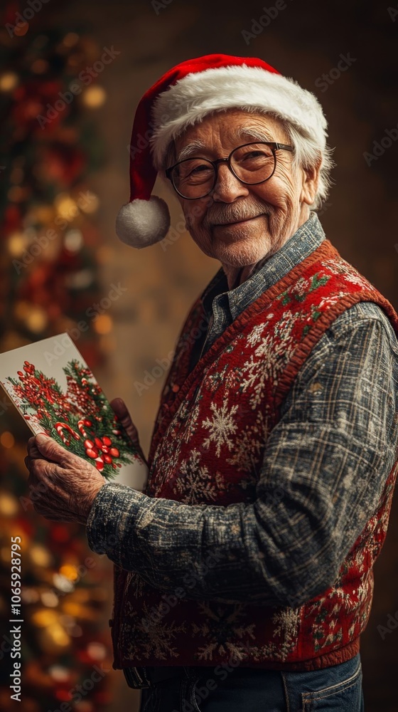 Obraz premium Cheerful senior in Christmas attire.