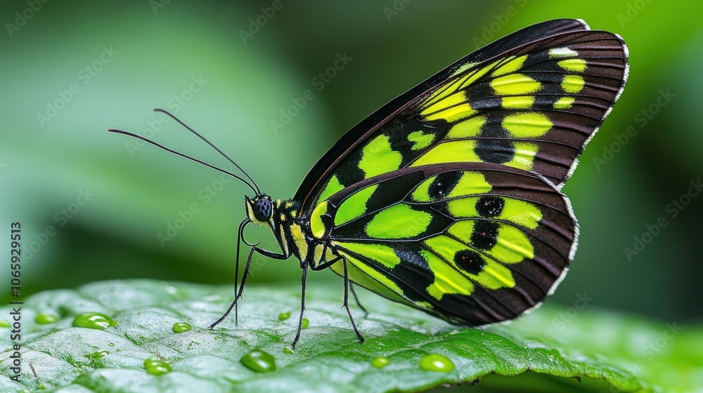 Obraz premium A vibrant green and black butterfly perched on a green leaf with water droplets.