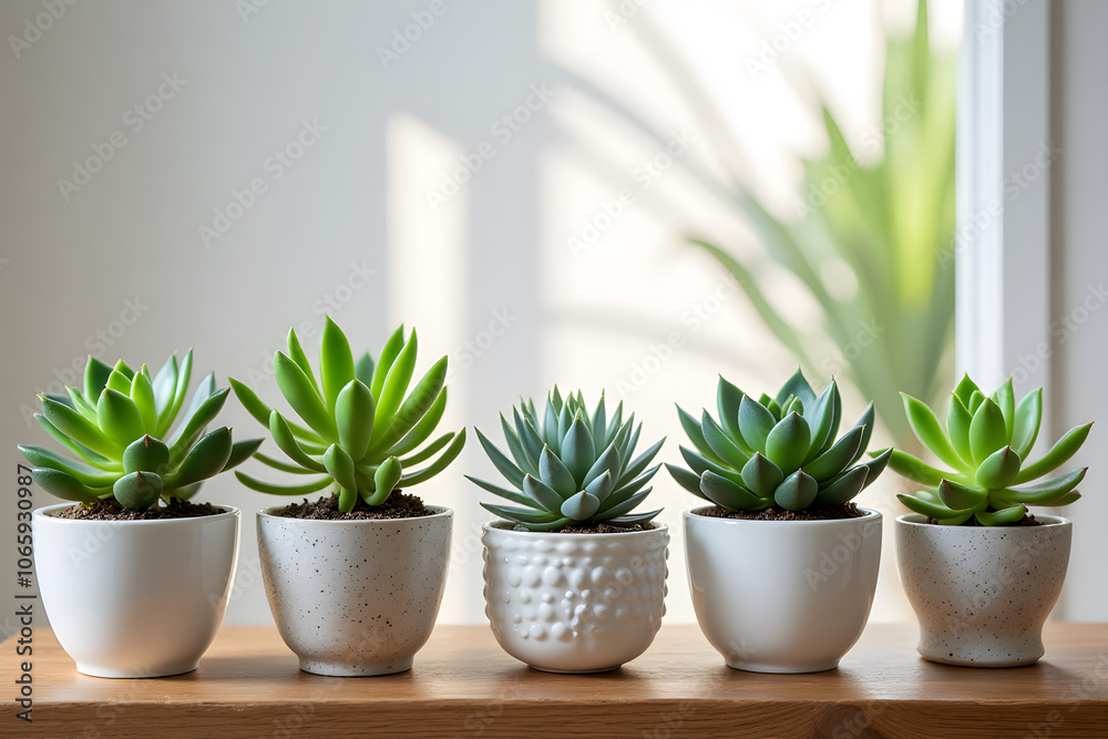 Obraz premium Vibrant succulent plants in decorative pots on wooden shelf