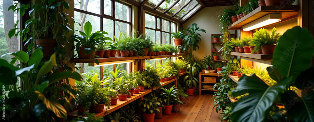 Obraz premium Lush indoor garden oasis with natural light and vibrant greenery in cozy home setting