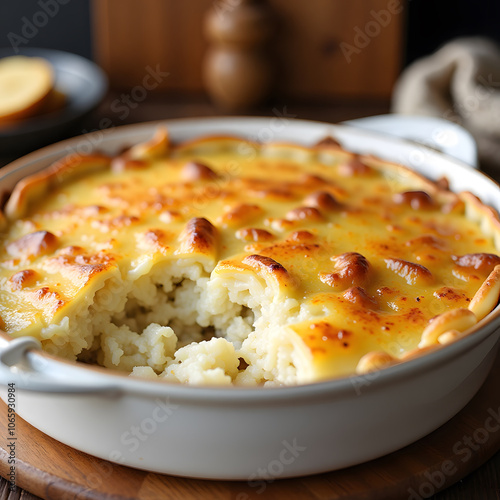 Golden homemade potato pie with creamy mashed potatoes and crispy cheese filling, Janssons frestelse photo