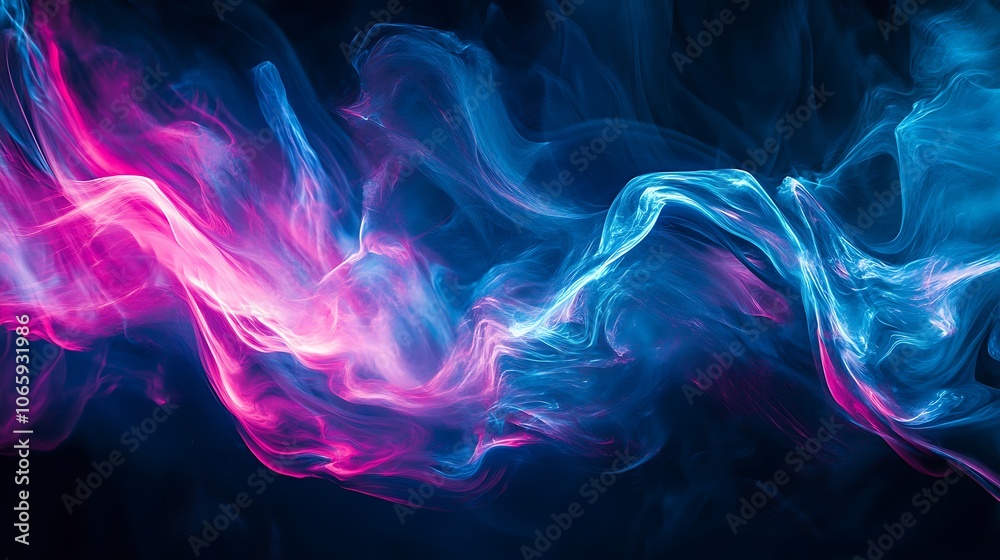 Fototapeta premium Flowing Metallic glass Waves in Neon Blue and Pink on Dark Background - Abstract Design Concept