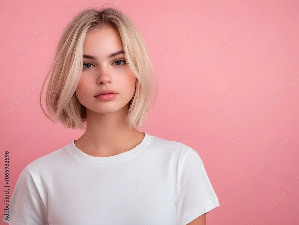 Cute young woman blonde hair with bob haircut isolated on pink background Cute young woman blonde hair with bob haircut isolated on pink background