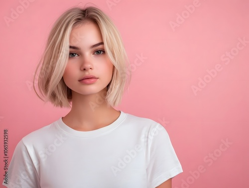 Cute young woman blonde hair with bob haircut isolated on pink background