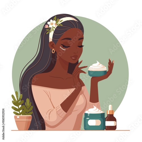 A young woman holds a jar of face cream in her hands.