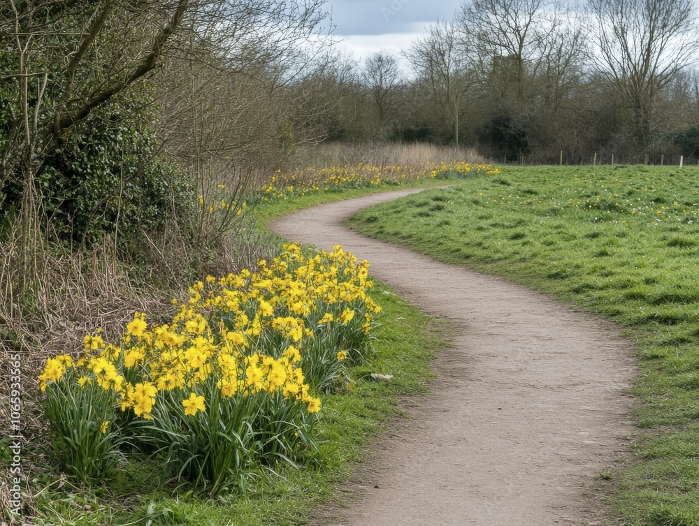 Obraz premium Winding Path Through a Meadow of Daffodils