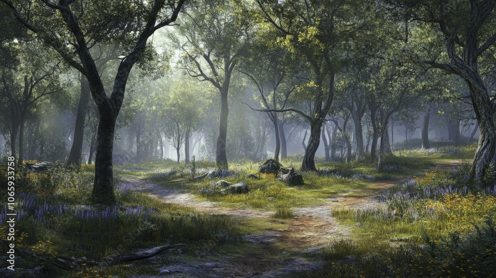 Fototapeta premium Sunlit Forest Path: A Tranquil Walk Through Nature