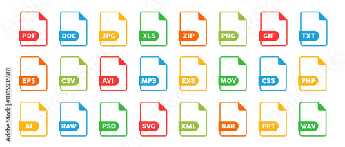 File type icon set, files format type vector, PNG, JPEG, PDF, DOC, and other file extension. Variety of file formats for technology or data content