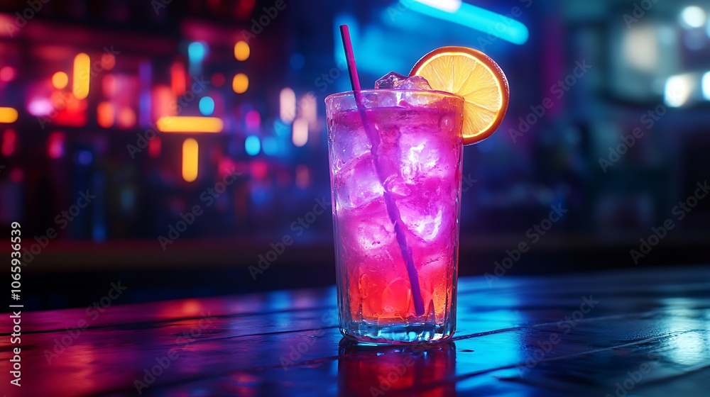 Vibrant cocktail with mint garnish in glowing neon bar image Vibrant cocktail with mint garnish in glowing neon bar image