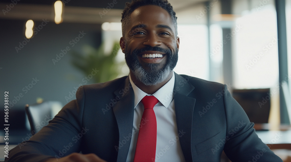 Portrait of a confident businessman in a suit and red tie, smiling warmly while seated in a modern office environment.
Portrait of a confident businessman in a suit and red tie, smiling warmly while seated in a modern office environment.