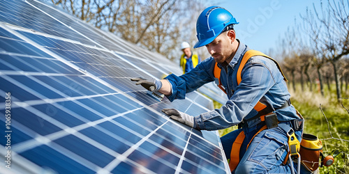 Solar Panel Technician Conducting Maintenance, Engineer Working on Solar Power Installation

 photo