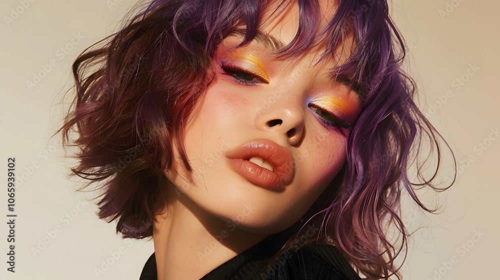 Fototapeta premium Young woman with wavy purple hair, bold yellow eyeshadow, artistic makeup, confident expression, beige background, modern fashion look, close-up portrait, vibrant and stylish, edgy style