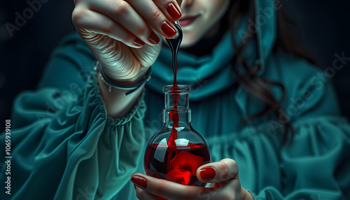 Close-up image of sorceress adding blood in vial with magic love potion isolated with white highlights, png