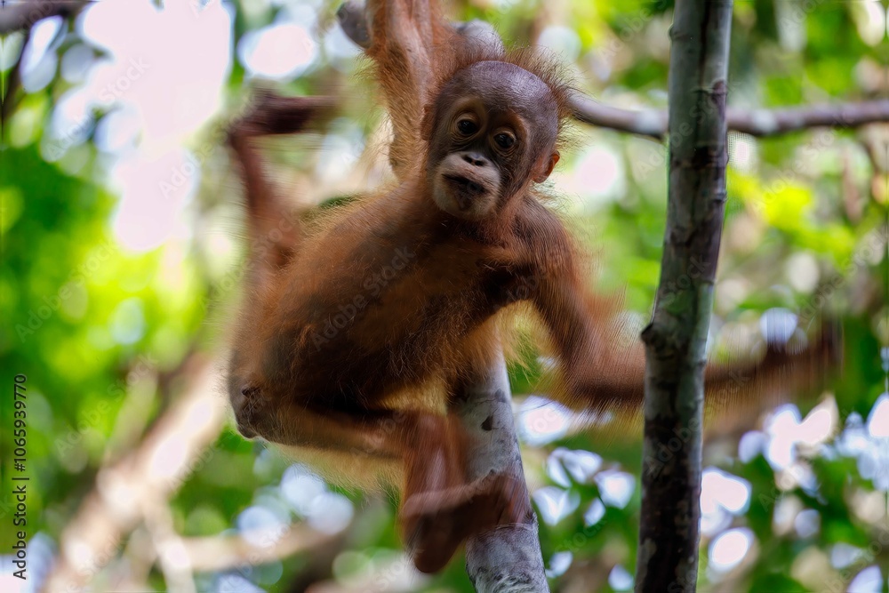 Fototapeta premium Infant orangutan swinging in tree