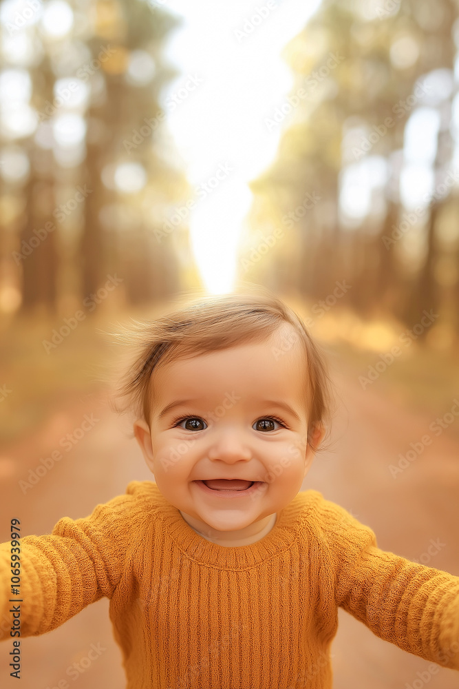 Smiling Baby in Autumn Forest With Golden Sweater Smiling Baby in Autumn Forest With Golden Sweater