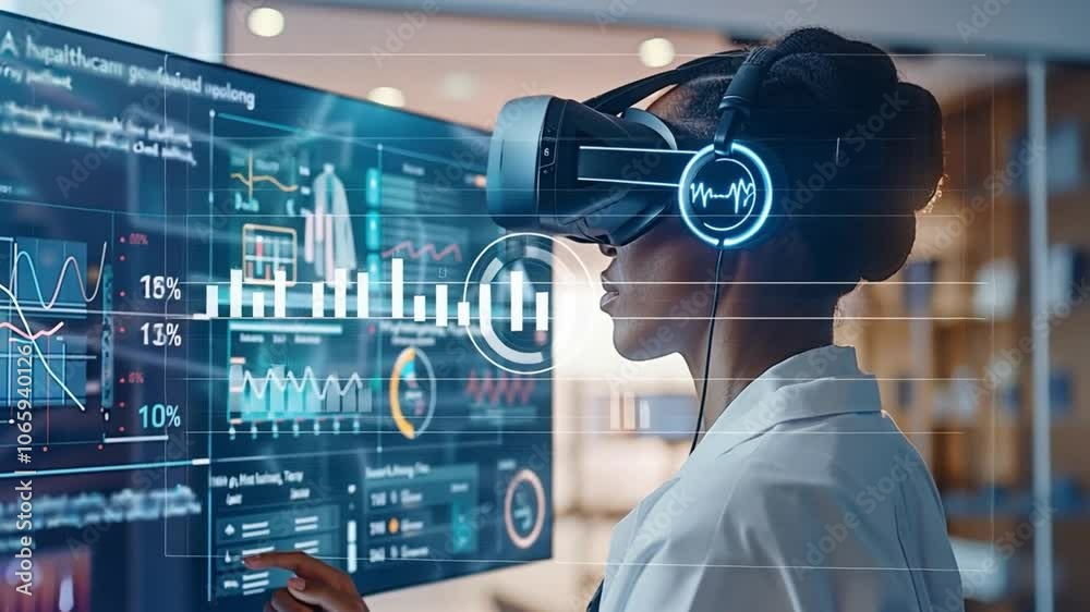 A healthcare worker engages with virtual reality technology in a contemporary clinic. The setup focuses on patient data and advanced diagnostics, showcasing innovations in medical practice.