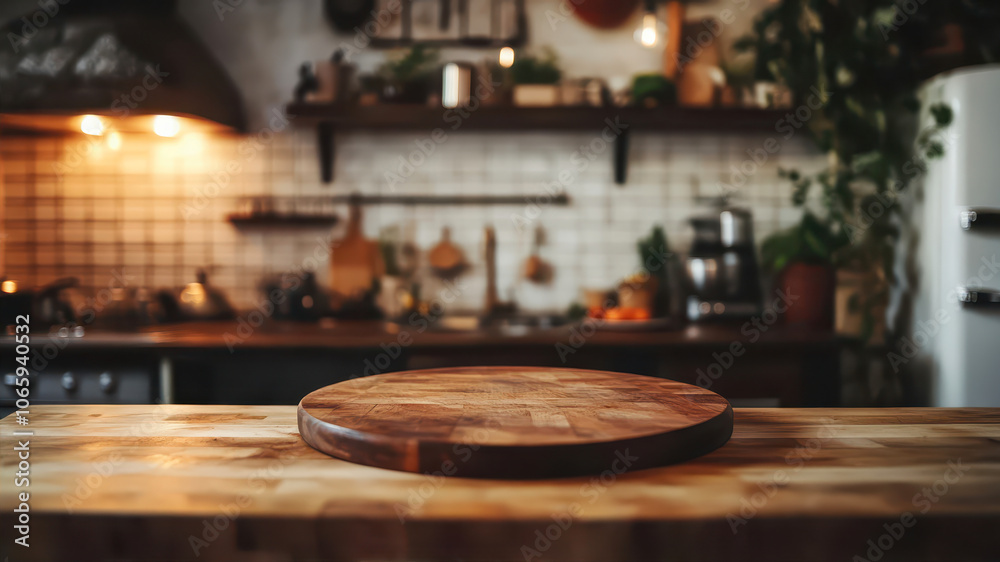 Obraz premium Cozy Wooden Cutting Board Ready for Meal Preparation in a Rustic Kitchen Setting