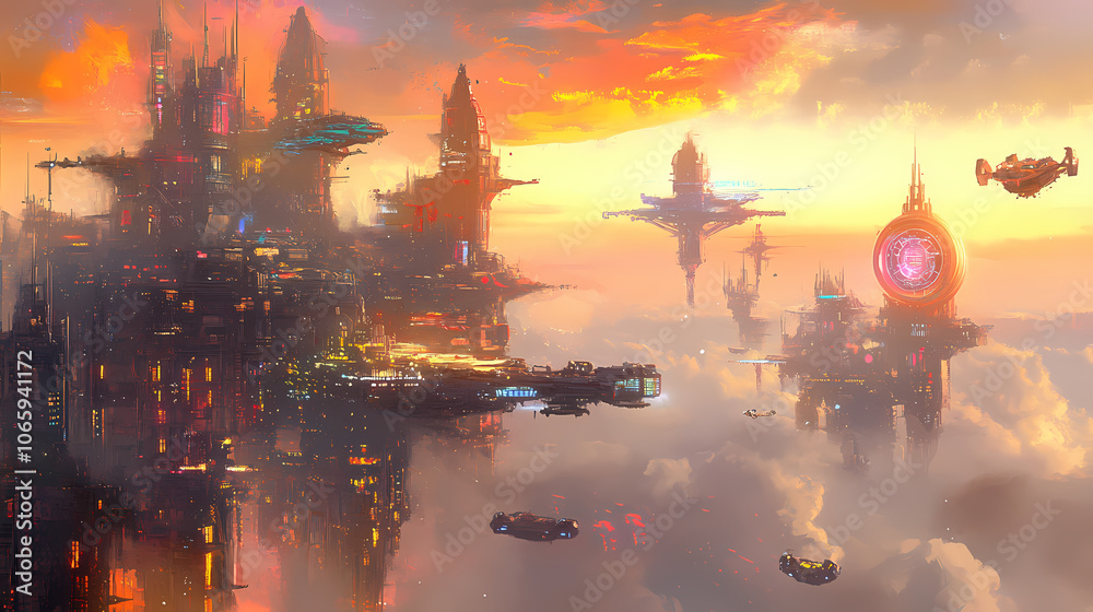 Obraz premium Neoninfused cyberpunk metropolis with towering holographic structures and flying vehicles in a vibrant digital dreamscape. Dreamscape. Illustration