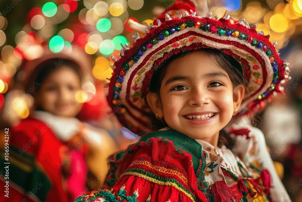 Fototapeta premium Mexican girl smiling wearing traditional dress during christmas celebration
